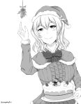  1girl blush bow bowtie cake capelet character_doll contemporary curly_hair face_mask food greyscale hat highres kantai_collection kashima_(kantai_collection) long_hair mask mistletoe monochrome robba-san_(wangphing) santa_costume santa_hat solo sweater twintails twitter_username wangphing 