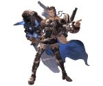  1boy armor armored_boots beard blue_eyes boots braid brown_hair cape facial_hair granblue_fantasy gun jewelry minaba_hideo multicolored_hair necklace official_art solo transparent_background two-tone_hair weapon white_hair yngwie 