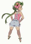  1girl apron ass bare_shoulders blush dark_skin flower flower_on_head from_behind full_body green_eyes green_hair hair_flower hair_ornament hajime_(hajime-ill-1st) hand_on_hip highres legs looking_at_viewer looking_back mallow_(pokemon) pink_shirt pokemon pokemon_(game) pokemon_sm ribbon shirt shoulders simple_background sleeveless sleeveless_shirt smile solo trial_captain twintails white_background 
