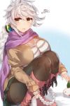  1girl asymmetrical_hair bent_knees boots braid breasts brown_coat capelet casual coat cross-laced_footwear green_skirt hair_between_eyes impossible_clothes jitome kantai_collection lace-up_boots large_breasts long_hair looking_at_viewer open_mouth pantyhose purple_scarf scarf silver_hair single_braid skirt snow snowing solo sweatdrop thighband_pantyhose unryuu_(kantai_collection) very_long_hair wavy_mouth yamaarashi yellow_eyes 