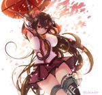  1girl armpits arms_behind_head artist_name asymmetrical_legwear breasts brown_eyes brown_hair cherry_blossoms cowboy_shot detached_sleeves eyebrows_visible_through_hair flower gluteal_fold hair_flower hair_ornament headgear ichiyou_moka kantai_collection large_breasts long_hair looking_at_viewer looking_down panties pantyshot pantyshot_(standing) pink_border pleated_skirt red_skirt skirt smile solo standing twitter_username type_91_armor-piercing_shell umbrella underwear very_long_hair yamato_(kantai_collection) 
