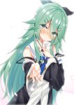  1girl aqua_eyes aqua_hair bad_hands black_serafuku blush breasts commentary_request detached_sleeves eyebrows_visible_through_hair eyes_visible_through_hair hair_between_eyes hair_ornament hair_ribbon hairclip hand_on_own_chest highres jewelry kantai_collection light_smile long_hair looking_at_viewer neckerchief ponytail reaching_out ribbon ring satou_pikuta school_uniform serafuku small_breasts upper_body wedding_ring yamakaze_(kantai_collection) 