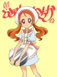  1girl apron blue_dress bow brown_hair character_name cnove cowboy_shot dress female flower hat kirakira_precure_a_la_mode long_hair looking_at_viewer pink_bow precure puffy_sleeves red_eyes smile solo tray twintails usami_ichika white_hat yellow_background 