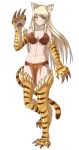  1girl abs animal_ears bare_shoulders blonde_hair blush breasts cat_ears cat_tail claws eyebrows_visible_through_hair full_body highres jinko_(monster_girl_encyclopedia) loincloth long_hair looking_at_viewer medium_breasts monster_girl monster_girl_encyclopedia navel original paws slit_pupils solo stomach striped_tail tail tiger_girl tiger_paws tiger_stripes tiger_tail toned transparent_background twistedscarlett60 very_long_hair whisker_markings yellow_eyes 