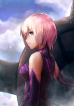  1girl armor armored_dress bare_shoulders breasts closed_mouth deadspike_nine elbow_gloves fate/grand_order fate_(series) from_side gloves hair_over_one_eye highres looking_at_viewer pink_hair profile purple_gloves shield shielder_(fate/grand_order) short_hair sleeveless small_breasts smile solo upper_body violet_eyes 