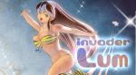  1girl animal_print bikini breasts brown_hair english fang green_eyes horns large_breasts long_hair lum open_mouth pointy_ears solo star swimsuit tiger_print urusei_yatsura wakino_keibun 