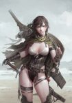  1girl arm_belt bangs blue_eyes braid breasts brown_hair buckle cape choker cleavage contrapposto corset cross-laced_clothes desert dongho_kang fantasy greatsword grey_sky hand_on_hilt highleg holding_strap leather lips long_hair long_sword looking_at_viewer messy_hair original outdoors parted_lips realistic scabbard sheath sheathed shield single_gauntlet sky solo sword thigh-highs thigh_strap torn_cape twin_braids underbust vial weapon wind 