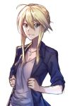  1girl adjusting_clothes ahoge alternate_costume artoria_pendragon_lancer_(fate/grand_order) blonde_hair blouse blue_jacket breasts casual cleavage collarbone fate/grand_order fate/stay_night fate_(series) green_eyes grey_shirt grin hair_between_eyes hair_bun jacket jewelry lip-mil long_hair long_sleeves looking_at_viewer medium_breasts necklace open_clothes open_jacket parted_lips pendant saber shirt sidelocks simple_background sketch sleeves_past_elbows sleeves_pushed_up smile solo teeth upper_body white_background 