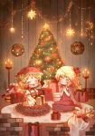  2girls aki_minoriko aki_shizuha arinu blonde_hair blush box candelabra candle christmas christmas_ornaments christmas_tree closed_eyes dress gift gift_box hair_ornament hat highres long_sleeves multiple_girls open_mouth red_eyes short_hair smile touhou 