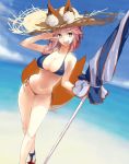  1girl animal_ears bare_shoulders bikini breasts dutch_angle fang fate/extra fate/grand_order fate_(series) fox_ears fox_tail hat highres kirisato_itsuki large_breasts navel pink_hair skindentation solo straw_hat swimsuit tail tamamo_(fate)_(all) tamamo_no_mae_(swimsuit_lancer)_(fate) umbrella 
