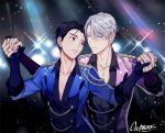  2boys artist_name black_hair blue_eyes brown_eyes epaulettes gearous hair_slicked_back hand_holding jewelry katsuki_yuuri looking_at_another male_focus multiple_boys parted_lips ring silver_hair smile sparkle viktor_nikiforov yaoi yuri!!!_on_ice 