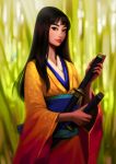  1girl bamboo bamboo_forest black_eyes black_hair blurry closed_mouth depth_of_field forest holding holding_sword holding_weapon japanese_clothes katana kimono light_smile long_hair nature obi original realistic sash sheath sheathed smile solo standing svetlana_tigai sword weapon 