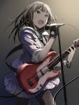  1girl brown_hair dani-ikapi earrings electric_guitar fingerless_gloves gloves green_eyes guitar idolmaster idolmaster_cinderella_girls instrument jewelry microphone pantyhose shibuya_rin skirt 