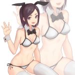  1girl :3 animal_ears bikini black_bow black_bowtie black_hair bow bowtie breasts cancell detached_collar fake_animal_ears fang grey_eyes hand_up looking_at_viewer medium_breasts navel open_mouth original rabbit_ears side-tie_bikini sitting smile solo swimsuit thick_eyebrows thigh-highs waving white_bikini white_legwear wrist_cuffs zoom_layer 