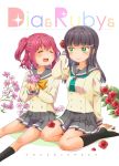  2girls :d ^_^ absurdres bangs black_hair black_legwear blunt_bangs bow bowtie character_name circle_name closed_eyes commentary_request cover cover_page double-breasted doujin_cover flower green_eyes hair_flower hair_ornament highres holding_bouquet izumi_kirifu kneehighs kurosawa_dia kurosawa_ruby long_sleeves looking_at_another love_live! love_live!_sunshine!! mole mole_under_mouth multiple_girls neckerchief no_shoes open_mouth petals pleated_skirt red_rose redhead rose school_uniform serafuku siblings sisters sitting skirt smile tie_clip two_side_up yellow_bow yellow_bowtie 