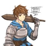  1boy aoi_taishi armor brown_eyes brown_hair character_name copyright_name fighter_(granblue_fantasy) gauntlets gran_(granblue_fantasy) granblue_fantasy hood hoodie looking_at_viewer male_focus over_shoulder short_hair simple_background smile solo sword upper_body weapon weapon_over_shoulder white_background 