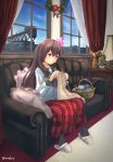  1girl absurdres basket black_legwear brown_eyes brown_hair chamu_(chammkue) christmas_tree cloth couch hair_ornament highres kantai_collection kisaragi_(kantai_collection) knitting knitting_needle long_hair needle plaid school_uniform serafuku sitting solo twitter_username window yarn 