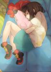  1girl beanie brown_hair clefairy closed_eyes couch female_protagonist_(pokemon_sm) floral_print green_shorts hat hat_removed headwear_removed indoors lying on_couch on_side pillow pillow_hug pokemon pokemon_(game) pokemon_sm red_hat shirt shoes short_hair short_sleeves shorts sigure sleeping sneakers solo t-shirt 