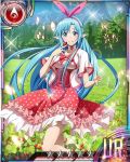  1girl animal_ears asuna_(sao) asuna_(sao-alo) blue_eyes blue_hair card_(medium) dress fake_animal_ears food fruit hairband holding holding_fruit leafa long_hair looking_at_viewer matching_hair/eyes outdoors pink_hairband pointy_ears rabbit_ears red_dress smile solo sword_art_online 