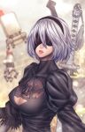  1girl blindfold breasts cleavage hairband lips medium_breasts mole mole_under_mouth nier_(series) nier_automata parted_lips pod_(nier_automata) upper_body white_hair yorha_no._2_type_b zucchini 