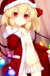  1girl bell blonde_hair blush camisole christmas_ornaments closed_mouth collarbone cowboy_shot flandre_scarlet fur_trim gengetsu_chihiro hair_bell hair_between_eyes hair_ornament hat indoors looking_at_viewer red_eyes santa_costume santa_hat side_ponytail smile solo touhou wings 