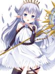  1girl absurdres black_legwear blue_eyes collarbone detached_sleeves dress granblue_fantasy hairband highres holding lily_(granblue_fantasy) long_hair open_mouth pointy_ears ruriruno silver_hair simple_background solo staff thigh-highs white_background white_dress 
