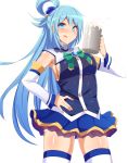  1girl alcohol aqua_(konosuba) bare_shoulders blue_eyes blue_hair bow breasts cowboy_shot cup detached_sleeves foam food food_on_face hair_ornament hair_rings hand_on_hip highres idtmli kono_subarashii_sekai_ni_shukufuku_wo! licking_lips long_hair looking_at_viewer matching_hair/eyes medium_breasts mug sideboob simple_background skirt solo standing thigh-highs tongue tongue_out very_long_hair white_background 