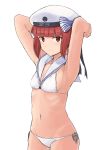  1girl auburn_hair bikini breasts brown_eyes brown_hair clothes_writing cowboy_shot fuyube_gin_(huyube) hat highres kantai_collection light_smile lowleg lowleg_bikini sailor_bikini sailor_collar sailor_hat short_hair small_breasts solo standing swimsuit white_bikini white_hat z3_max_schultz_(kantai_collection) 
