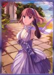  1girl black_gloves blue_dress breasts brown_eyes brown_hair clarissa_callaghan cleavage dress elbow_gloves gloves hairband hand_in_hair long_hair lowres medium_breasts outdoors scarf senjou_no_valkyria senjou_no_valkyria_3 short_hair sideboob solo white_scarf 