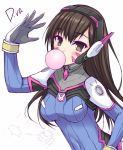  1girl bangs blush bodysuit breasts brown_eyes brown_hair bubble_blowing bubblegum character_name d.va_(overwatch) facial_mark headgear long_hair looking_at_viewer medium_breasts overwatch ribbed_bodysuit simple_background solo suterii white_background 