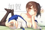  1girl alcohol artist_name bare_shoulders blush breasts brown_eyes brown_hair character_name cleavage collarbone cup drunk japanese_clothes jpeg_artifacts kaga_(kantai_collection) kantai_collection large_breasts legs_up looking_at_viewer lying musical_note no_shoes on_stomach open_clothes quaver reaching sake side_ponytail signature smile solo speech_bubble spoken_musical_note thigh-highs toosaka_asagi 