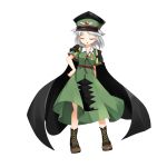  androgynous boots cape closed_eyes fujiwara_no_shirogane_no_sanra hat len&#039;en military military_hat military_uniform peaked_cap short_hair silver_hair solo uniform 