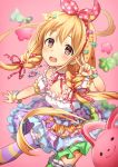  1girl blonde_hair dress futaba_anzu hairband idolmaster idolmaster_cinderella_girls idolmaster_cinderella_girls_starlight_stage long_hair low_twintails solo star star-shaped_pupils stuffed_animal stuffed_bunny stuffed_toy symbol-shaped_pupils takeya_y0615 twintails v 