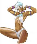  1girl armpits arms_up blue_eyes bracelet breasts cleavage cropped_legs dark_skin earrings elena_(street_fighter) halterneck jewelry looking_at_viewer midriff murata_yuusuke navel neck_ring ribs short_hair silver_hair smile solo street_fighter swimsuit toned traditional_media white_background 