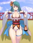  1girl aqua_eyes breasts clouds earrings green_hair highres hips jewelry large_breasts looking_at_viewer masao original panties parted_lips sky solo thighs underwear 