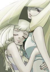  2girls alternate_eye_color aqua_eyes bare_arms blonde_hair braid closed_eyes closed_mouth collared_dress diamond_(shape) dress empty_eyes fingernails gem hair_over_one_eye hug lillie_(pokemon) lips long_hair lusamine_(pokemon) mother_and_daughter multiple_girls pokemon pokemon_(game) pokemon_sm sleeveless sleeveless_dress sundress torimeiro twin_braids white_dress 