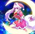  1girl bag blue_eyes christmas commentary crescent_moon gift hat iesupa moon ponytail rwby santa_costume santa_hat scar space weiss_schnee white_hair 