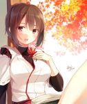 1girl artist_name blush brown_eyes brown_hair hand_on_own_chest highres hyuuga_(kantai_collection) japanese_clothes jpeg_artifacts kantai_collection leaf maple_leaf maple_tree open_mouth short_hair signature toosaka_asagi tree 