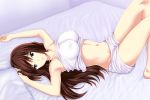  1girl aozaki_aoko armpits arms_up bed blue_eyes breasts brown_hair erect_nipples large_breasts long_hair looking_at_viewer lying mahou_tsukai_no_yoru midriff navel on_back parted_lips shima-shuu shorts smile solo underwear 