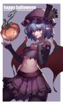  1girl bat_wings breasts cowboy_shot crop_top elbow_gloves eyebrows_visible_through_hair fingerless_gloves garter_straps gloves halloween happy_halloween hat hat_ribbon heibaise_jiangshi highres jack-o&#039;-lantern looking_at_viewer midriff miniskirt mob_cap navel pleated_skirt pointy_ears pumpkin red_eyes remilia_scarlet ribbon short_hair skirt solo thigh-highs touhou wings 