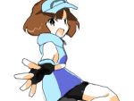  &gt;:o 1girl :o ace_trainer_(pokemon) bare_shoulders bike_shorts black_eyes black_gloves blue_dress blue_hat blush breasts brown_hair dress fingerless_gloves gloves hat looking_at_viewer looking_back npc oimo_(14sainobba) oimoimo open_mouth pokemon pokemon_(game) pokemon_sm short_dress short_hair simple_background sleeveless sleeveless_dress small_breasts solo visor_cap white_background 