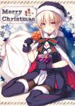  1girl :t artoria_pendragon_(all) black_legwear blonde_hair boots bucket cape chicken_(food) chicken_leg christmas christmas_stocking eating fate/grand_order fate_(series) food food_on_face gloves hat jpeg_artifacts merry_christmas pantyhose saber saber_alter sack santa_alter santa_costume santa_hat solo thigh-highs thigh_boots toosaka_asagi yellow_eyes 
