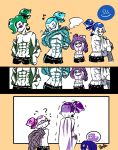  6+boys ? abs aqua_eyes aqua_hair beauty_(zoza) biscuit_(zoza) black_shorts blue_eyes blue_hair cigarette comic cookie_(zoza) covering crossdressinging domino_mask donut_(zoza) earrings faceless faceless_male flower flying_sweatdrops genteel_(zoza) glasses green_hair hair_flower hair_ornament hair_slicked_back highres inkling jellyfish_(splatoon) jewelry logo looking_at_another mask mechanical_arm multiple_boys muscle musical_note navel one_eye_closed onsen open_mouth panties partially_colored pointy_ears purple_hair quaver samurai_(zoza) sane_(zoza) scar scrunchie short_hair shorts side-tie_panties single_vertical_stripe smile smoke splatoon standing tentacle_hair topknot topless trembling underwear undressing upper_body white_eyes white_hair zoza 