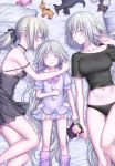  3girls alternate_costume bed blonde_hair blush caster_(fate/zero) character_doll closed_eyes dress fate/apocrypha fate/grand_order fate/stay_night fate/zero fate_(series) girl_sandwich highres jeanne_alter jeanne_alter_(santa_lily)_(fate) long_hair multiple_girls nipi27 open_mouth panties ponytail ruler_(fate/apocrypha) ruler_(fate/grand_order) saber saber_alter sandwiched sleeping underwear white_hair 