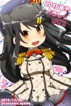  1girl :d alternate_costume alternate_hairstyle beret black_hair commentary_request cosplay hair_ornament hairclip haruna_(kantai_collection) hat kantai_collection kashima_(kantai_collection) kashima_(kantai_collection)_(cosplay) long_hair looking_at_viewer open_mouth orange_eyes pleated_skirt shiraazuma skirt smile solo translation_request two_side_up 