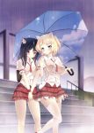  2girls absurdres animal_ears arm_ribbon bag bangs black_hair blonde_hair blue_eyes blush breasts buttons cat_ears cat_girl closed_mouth collared_shirt eyebrows_visible_through_hair frilled_sleeves frills hand_holding highres holding holding_umbrella legs_apart long_hair looking_at_viewer medium_breasts miniskirt multiple_girls natsumiya_yuzu necktie no_bra original rain red_necktie red_ribbon red_skirt ribbon scan school_uniform see-through shared_umbrella shirt short_hair short_necktie short_sleeves short_twintails shoulder_bag skindentation skirt sky_print smile stairs standing standing_on_one_leg thigh-highs twintails umbrella violet_eyes wet wet_clothes wet_shirt white_legwear white_shirt zettai_ryouiki 