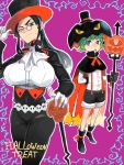  black_eyes black_hair blue_eyes breasts gloves green_hair halloween hat large_breasts pumpkin sudeni_sokurou suspenders top_hat 