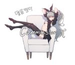  armchair arms_up black_legwear breasts chair from_side full_body grey_hair hair_ribbon hairband legs_up long_hair looking_at_viewer medium_breasts midriff miniskirt mouth_hold navel open_clothes open_shirt original plantar_flexion pointy_ears red_eyes ribbon ribbon_in_mouth shirt simple_background sitting skirt supernew thigh-highs under_boob watermark white_background 