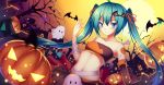  &gt;:) 1girl ahoge akabane bare_shoulders bat bat_hair_ornament black_gloves bow building collarbone elbow_gloves full_moon ghost gloves green_eyes green_hair hair_bow hair_ornament hair_ribbon halloween hatsune_miku highres jack-o&#039;-lantern long_hair looking_at_viewer moon navel ribbon single_glove smile solo twintails very_long_hair vocaloid 