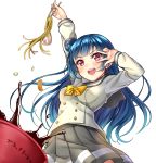  &gt;:d 1girl :d absurdres arm_up bangs blue_hair bow bowl bowtie chopsticks commentary_request dansa double-breasted food highres holding_chopsticks light_blush long_hair long_sleeves looking_at_viewer love_live! love_live!_sunshine!! noodles open_mouth pleated_skirt ramen school_uniform serafuku side_bun simple_background skirt smile solo translated tsushima_yoshiko violet_eyes w w_over_eye white_background yellow_bow yellow_bowtie 